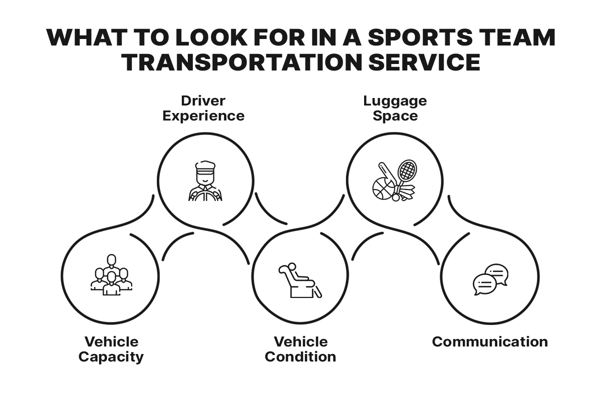 Infographic showing what to look for in a sports team transportation service: vehicle capacity, driver experience, vehicle condition, luggage space, and communication