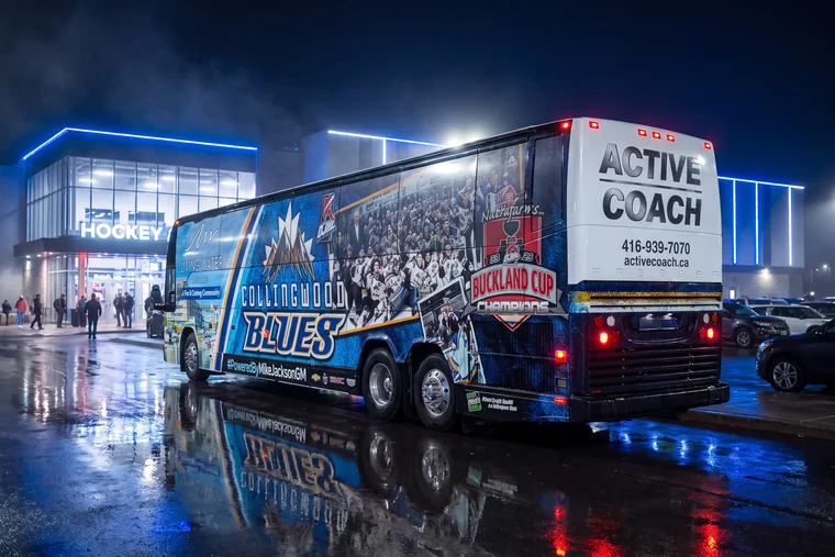 The Collingwood Blues team coach outside the arena on game night