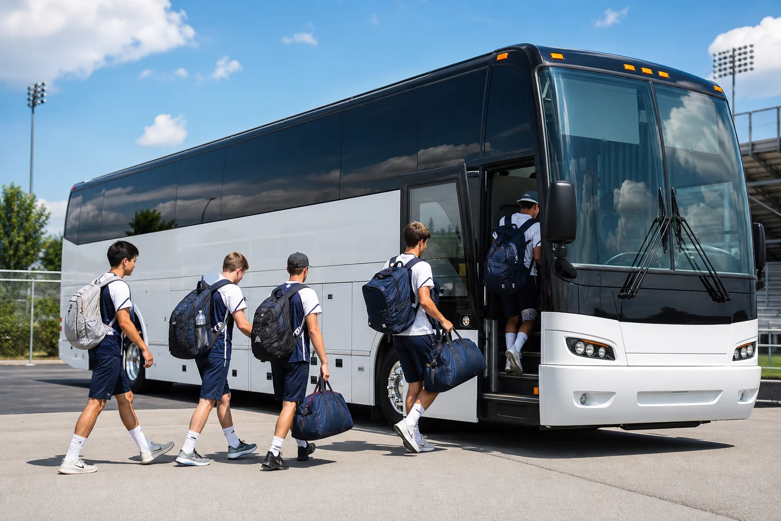 Sports team boarding a Prevost luxury coach bus